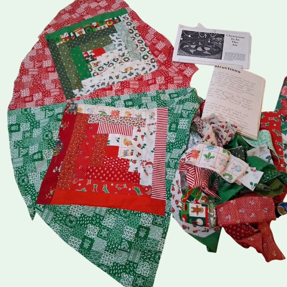Vintage Handmade Christmas Quilt Tree Skirt Fabric Bundle Instructions Unfinishe